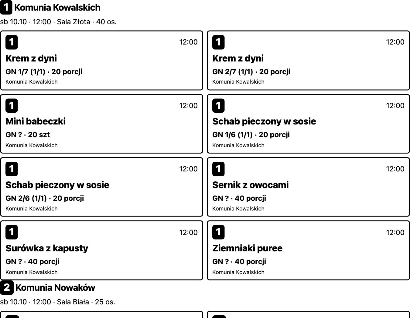 Wydruk etykiet z numerem imprezy, nazwą dania, numerem GN i liczbą porcji